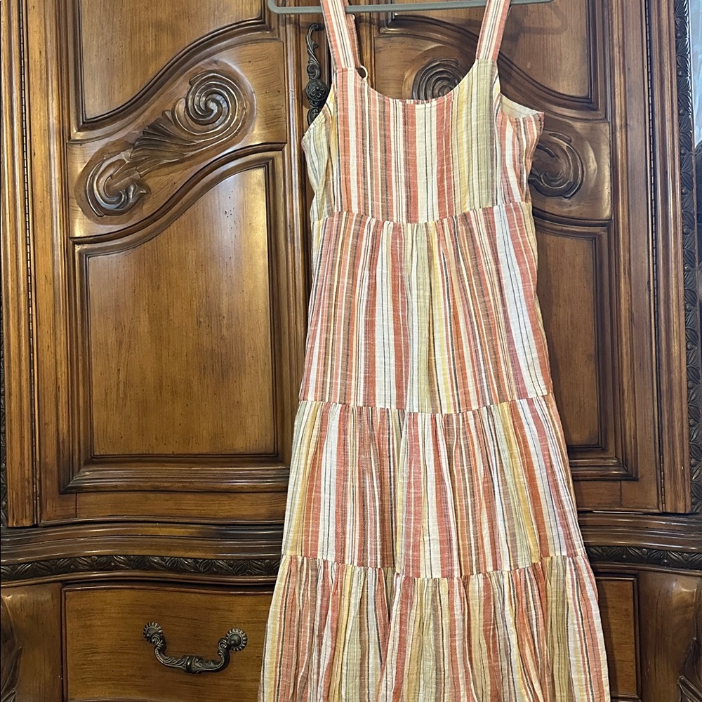 Linda Anderson Boho Melon Multicolored Shimmer Tiered Stripe Maxi Dress M